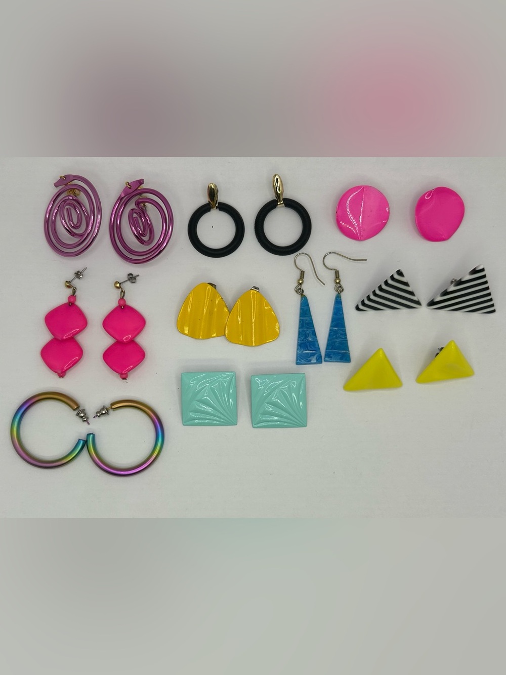 Vintage 80s Earrings Lot Neon Geometric Plastic Pop Art Resin Avon Hoops & Other